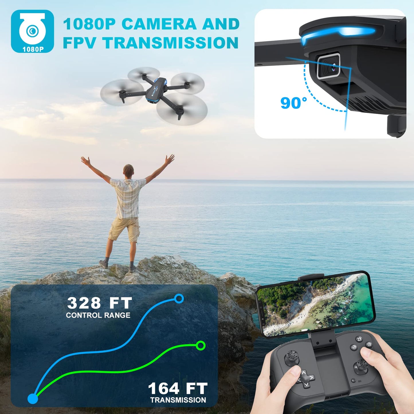 Drone Dobrável com Câmara 1080P Controlo por Voz Gestos “selfie”, Alcance Wi-Fi – RS FPV 01